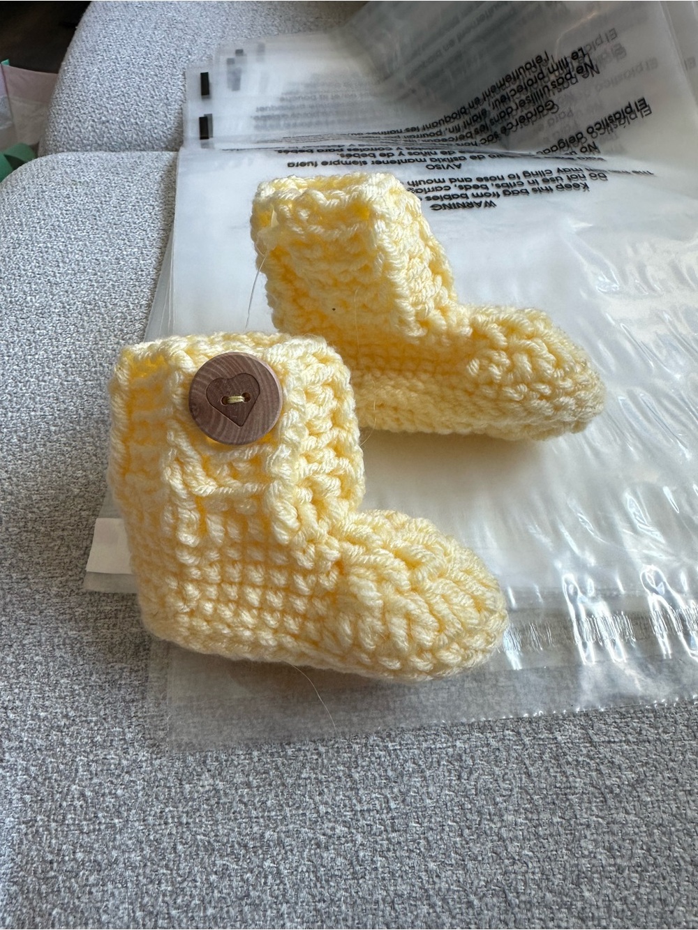 Handmade Crochet Baby Booties Pale Yellow Wooden Heart Button Newborn